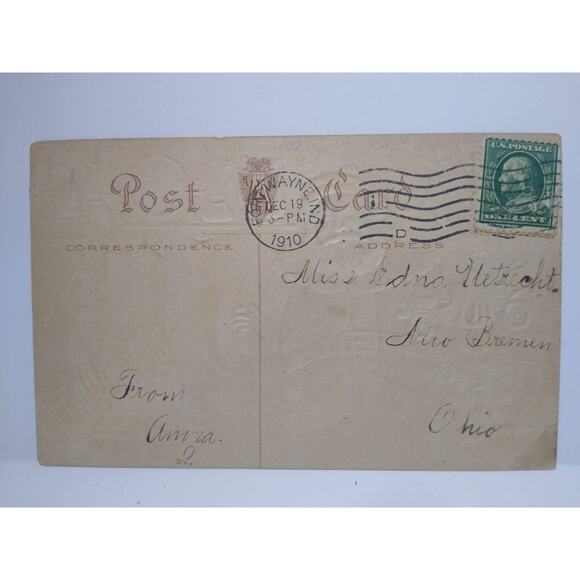 Santa Claus Christmas Postcard Saint Nick Holds Toy Auto Car By Fireplace 1910 - Picture 3 of 3